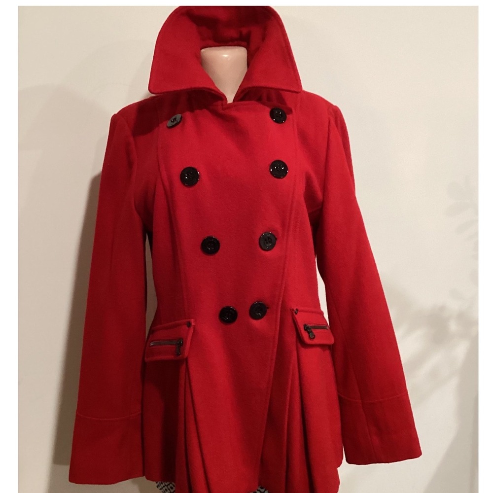 GUESS Red Wool Blend Double Breasted Pea Coat with Pleated Back and Zip Pockets